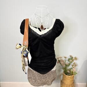 Cute vintage y2k black ruched tight embroidered blouse